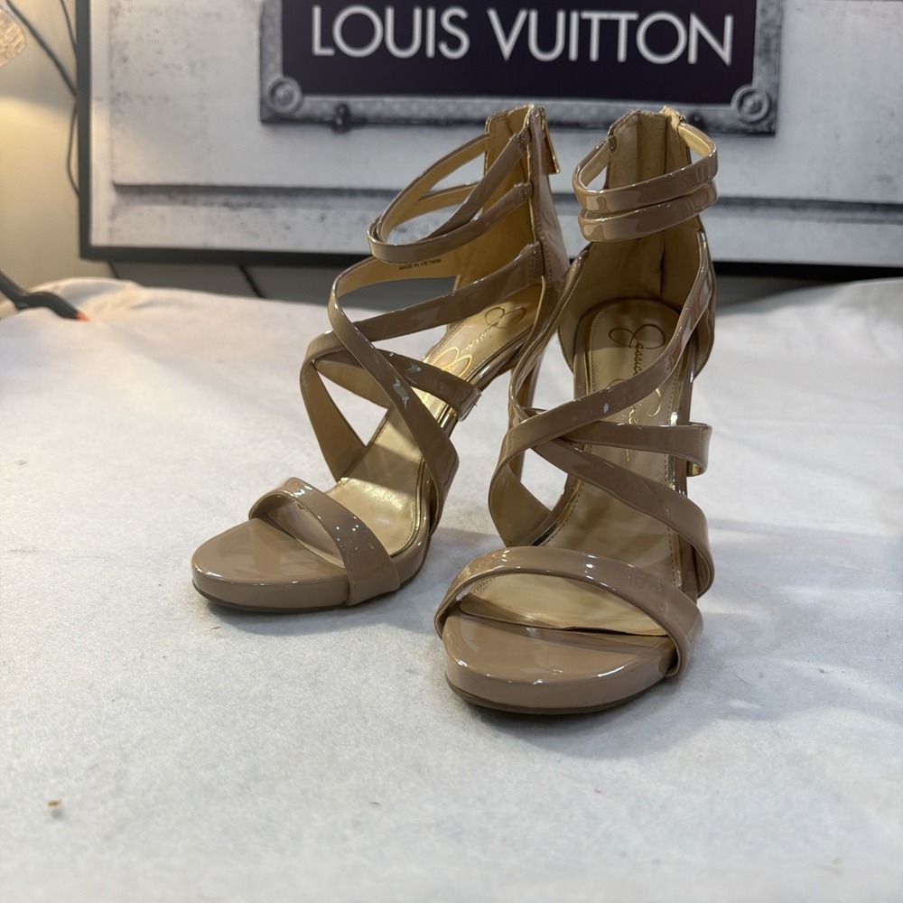 Jessica Simpson Women 9 Strappy Stilettos. Tan Sandal. Covered Heels With Zipper